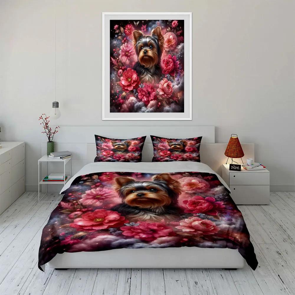Floral Dog Art Home Decoration Bedding Set with 1 Duvet Cover 2 Pillowcases Single Double King Queen Gift