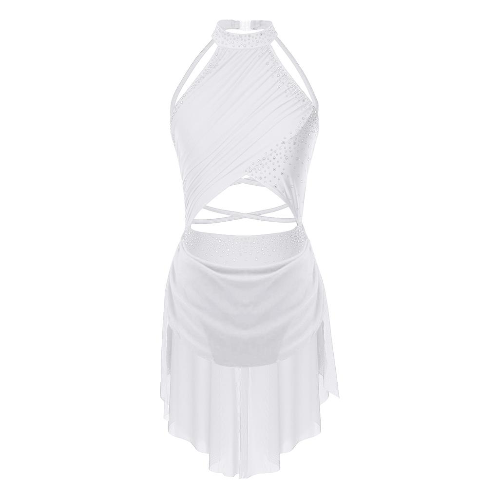 Womens Lyrical Dance Cutout Strappy Backless Sheer Mesh Glittery Rhinestone Leotard Performance Dress