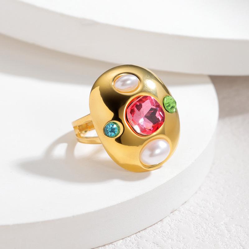 18K Gold Geometric Oval Zircon Open Ring - European & American Retro Style