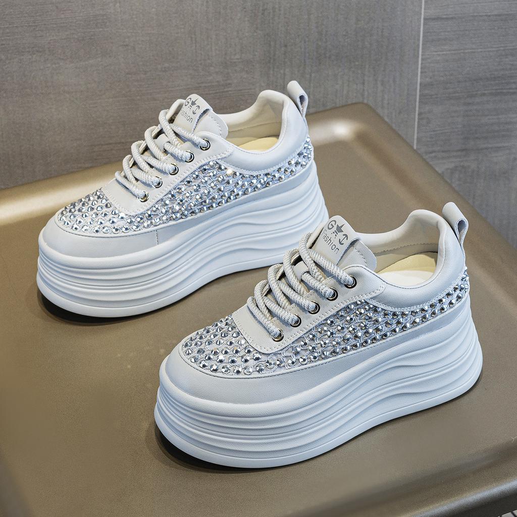 Leather black sneakers women's autumn new fashion rhinestone thick sole inner height increase small casual shoes