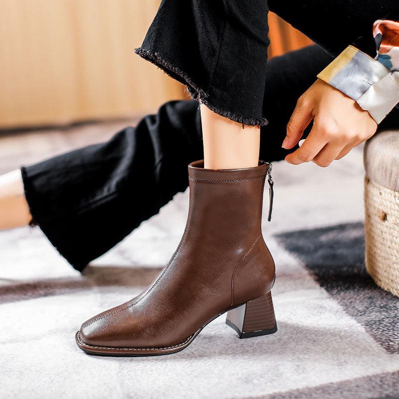 Short boots women's high heels new women's boots Martin boots rear zipper square heel single boots medium heel boots