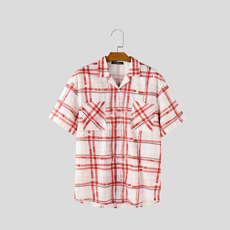 

INCERUN Oversized Summer Men Turn-down Collar Short Sleeve Plaid Print Casual Shirts XL