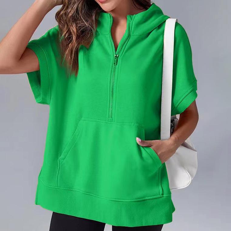 Ανοιξιάτικη Γυναικεία Μονόχρωμη Μόδα Casual Μπλούζα Φούτερ με Κουκούλα και Κοντό Μανίκι