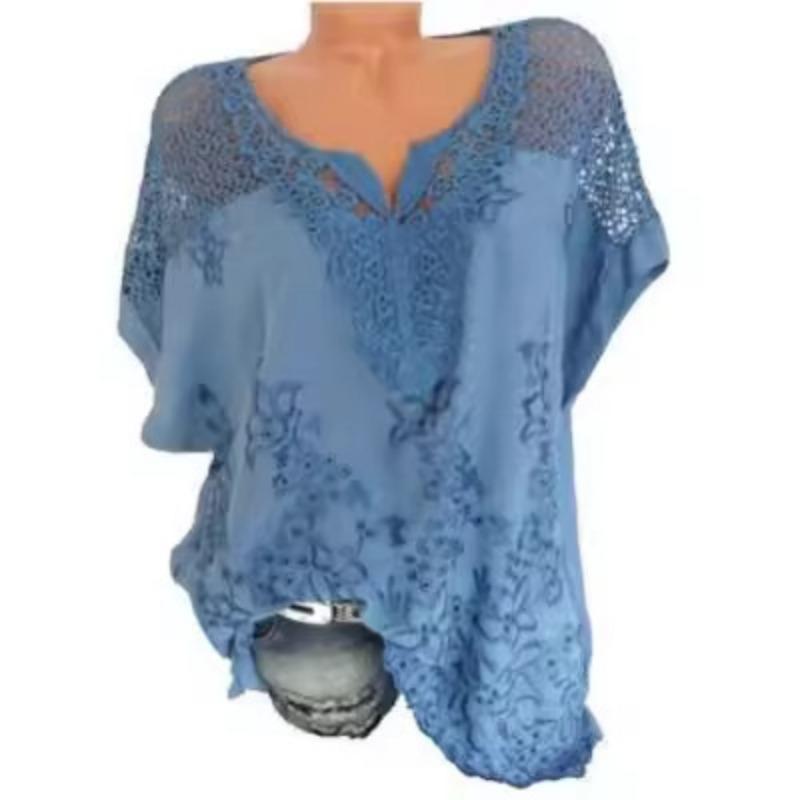 

Women s Blue Floral Embroidered Blouse Spring Summer V-Neck Lace Crochet Batwing Sleeve Top M синій