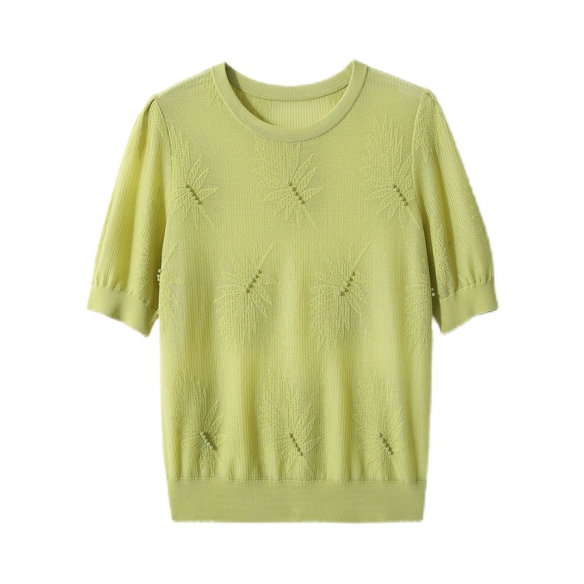 

Летняя новая жаккардовая трикотажная футболка с круглым вырезом, вязаный свитер из ледяного шелка с коротким рукавом, тонкий трикотажный топ XL