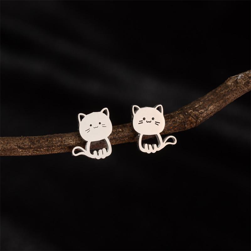 Korean Stainless Steel Cute Cartoon Kitten Stud Earrings for Girls