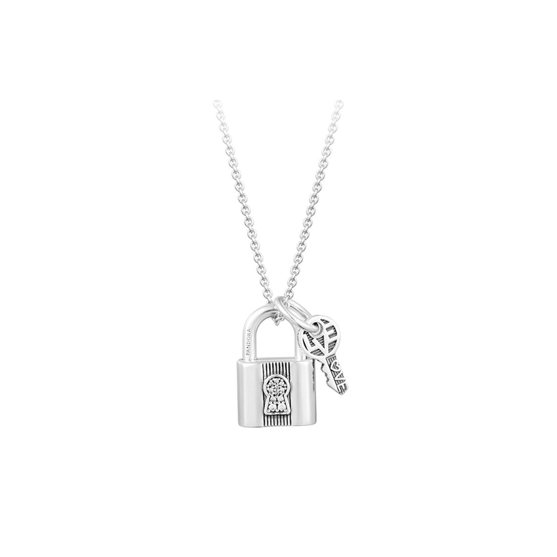 Pandora Heartfelt Pendant Lock And Key Set Women necklace Silver ZT-0047 Box,F,Silver
