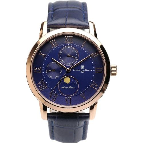

Salvatore Marra Men s Limited Edition Moon Phase Multi-Calendar Watch with 5 ATM Water Resistance, Leather Strap, Pink Gold and Blue, SM21106-PGBL