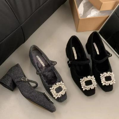 Damen Bequeme Fleecegefütterte Klobige Absatz Einzelne Schuhe Modische Warme Winter Mary Janes Abendschuhe Gummisohle Retro Sty