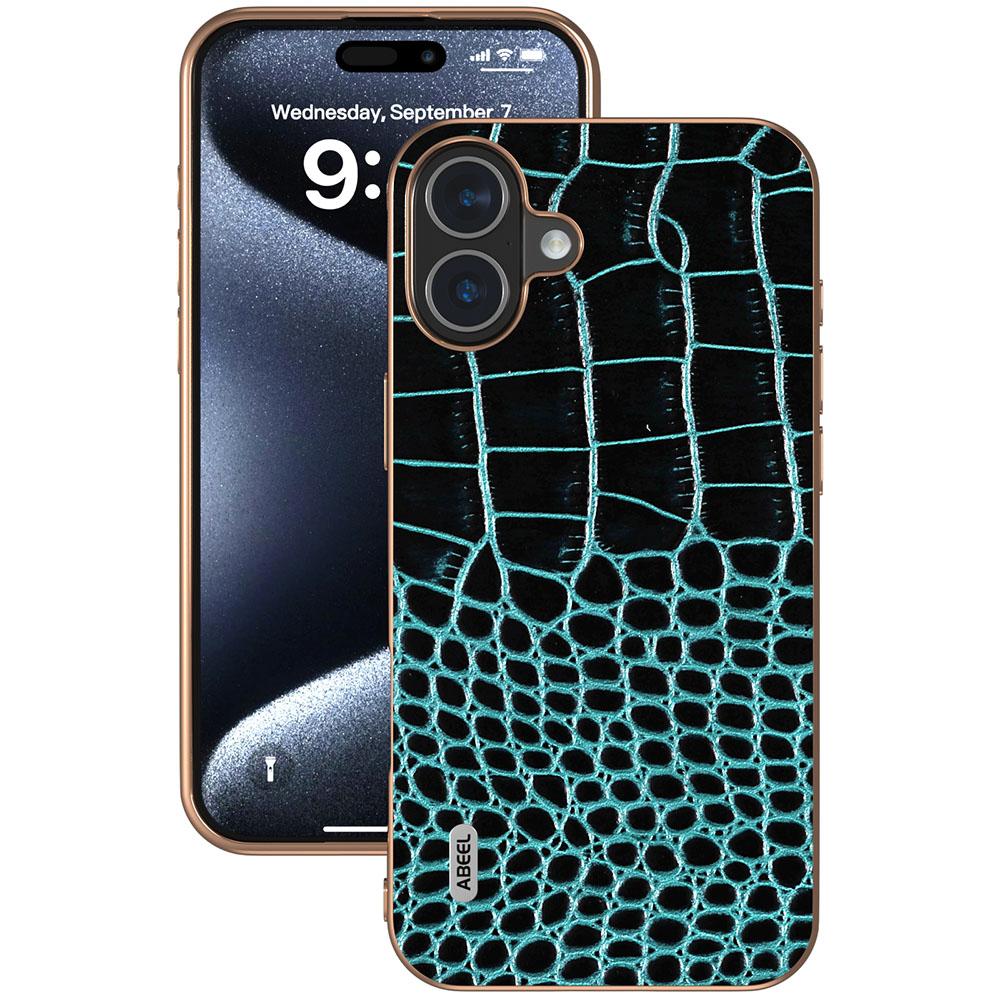 ABEEL For iPhone 16 Case Electroplating Edge Crocodile Texture Genuine Cow Leather Back Phone Cover