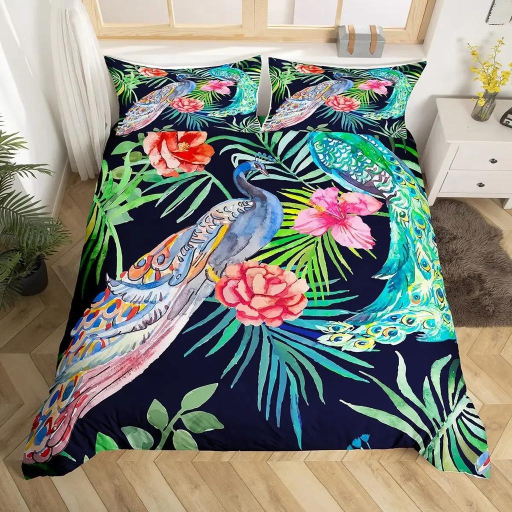 Peacock Comforter Cover Bohemian Duvet Cover Set Exotic Birds Animals Bedding Set Feather Floral Fresh Natural Bedspreads Cover