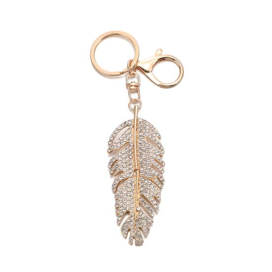 

Keychain Pendant Rhinestones Inlaid Feather Shape Key Chain with Anti-Oxidation Lobster Clasp Backpack Bag Accessory Plume