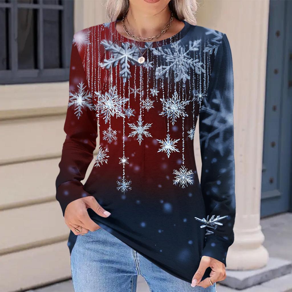 Women's Fashionable Casual Christmas Printed Pleated Comfortable Round Neck Loose Long Sleeve T-Shirt Top