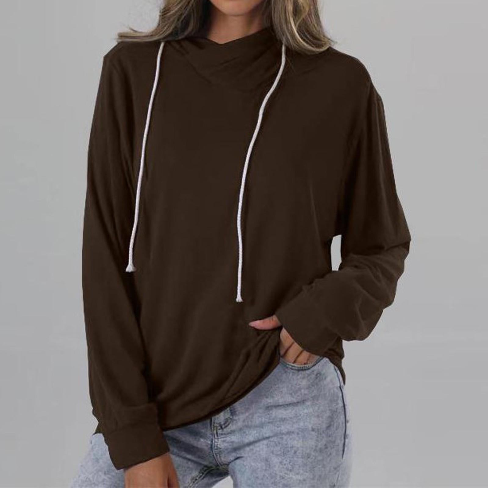 

Women s Fashion Long Sleeve Lightweight Hooded Solid Color Drawstring Sweatshirt XXL кавовий