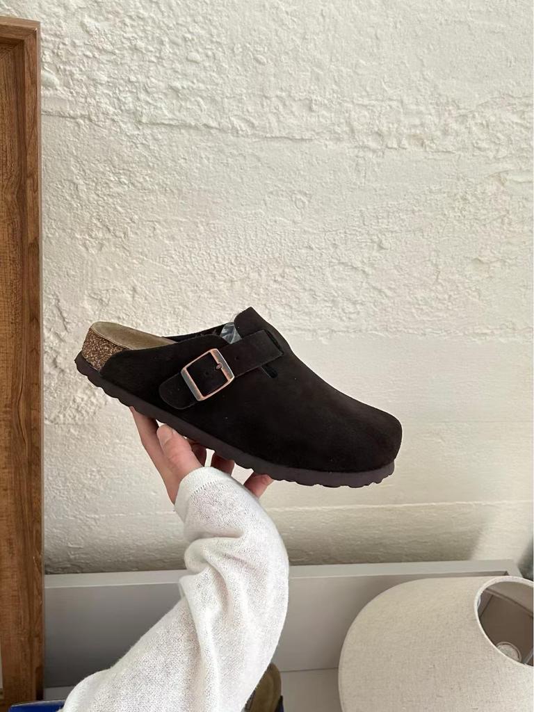 Boken 2024 Autumn Women's Genuine Leather Cork Mule Slippers: Closed-Toe Cow Suede, Flat Bottom, Outdoor Wear.