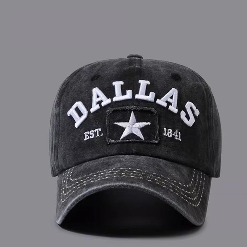 Vintage Washed Denim 6 Panel Star Frayed Patch Embroidery Curved Brim Adjustable Casual Baseball Cap