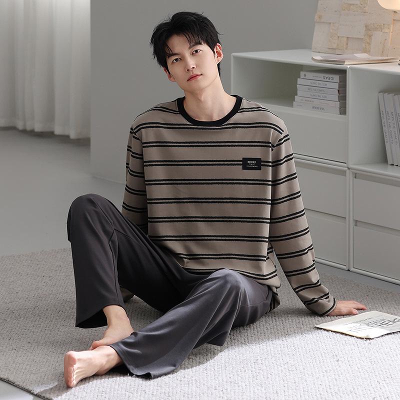 Spring And Autumn Pajamas Men'S Pure Cotton Long-Sleeved Pullover Can Be Worn Outside Autumn And Winter Men'S Casual Loose Plus Size Loungewear