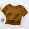 Women's Short-Sleeve Cotton Crop Top with Chest Pads, Round Neck, Summer Wear