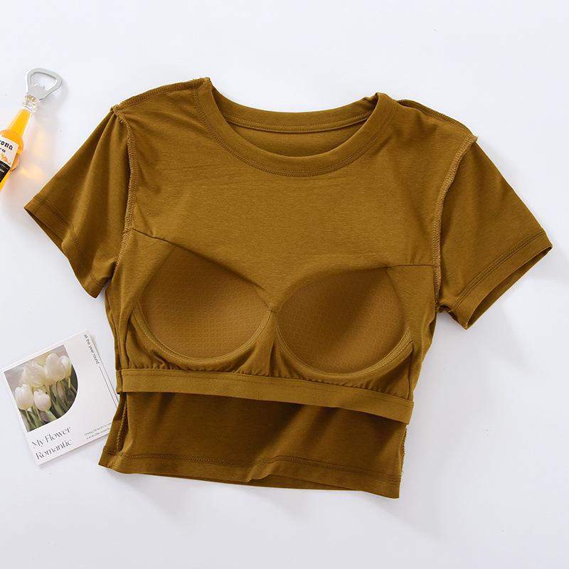 Women's Short-Sleeve Cotton Crop Top with Chest Pads, Round Neck, Summer Wear