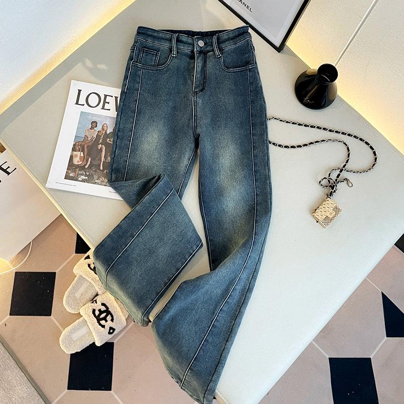 Elastic Women's High-Waisted Micro-Flare Jeans, Patchwork Blue-Gray, Floor-Length Bell Bottom.