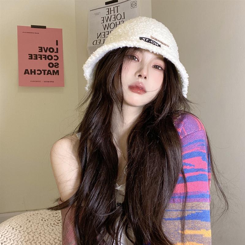 Women's Autumn and Winter Patch Plush Fisherman's Hat Big Head Circumference Korean Version Versatile Warm Japanese Basin Hat Trendy