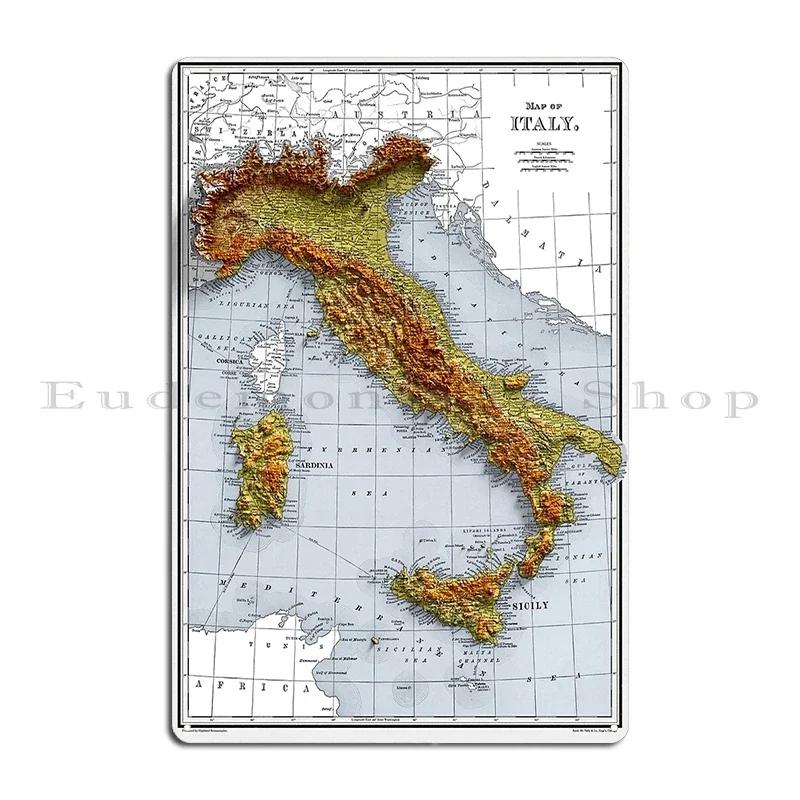 Hartă relief a Italiei redată digital Hartă relief vintage a Italiei Imprimare Cu D Illusion Metal imprimat Semn de perete din tablă Afiș