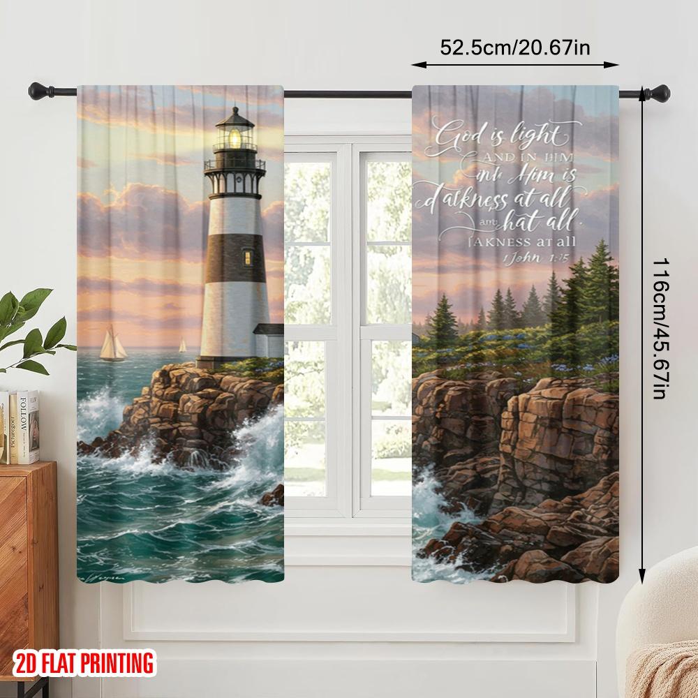 2pcs 2D Flat Printing Window Treatment Curtains Faith Lighthouse Ocean Waves Fabric Without Electricity 0 Perfect for Outdoor