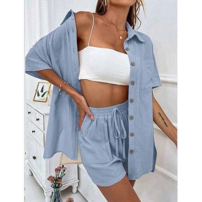 Completo Cotone Donna Estivo Vioyavo Completo Donna 2 Pezzi In Lino E Cotone Set Camicia Allentato Con Bottoni Pantaloncini Corti A Vita Alta Eslatica Con Coulisse Estivi Casual Spiaggia Lavoro Vacanza (Viola