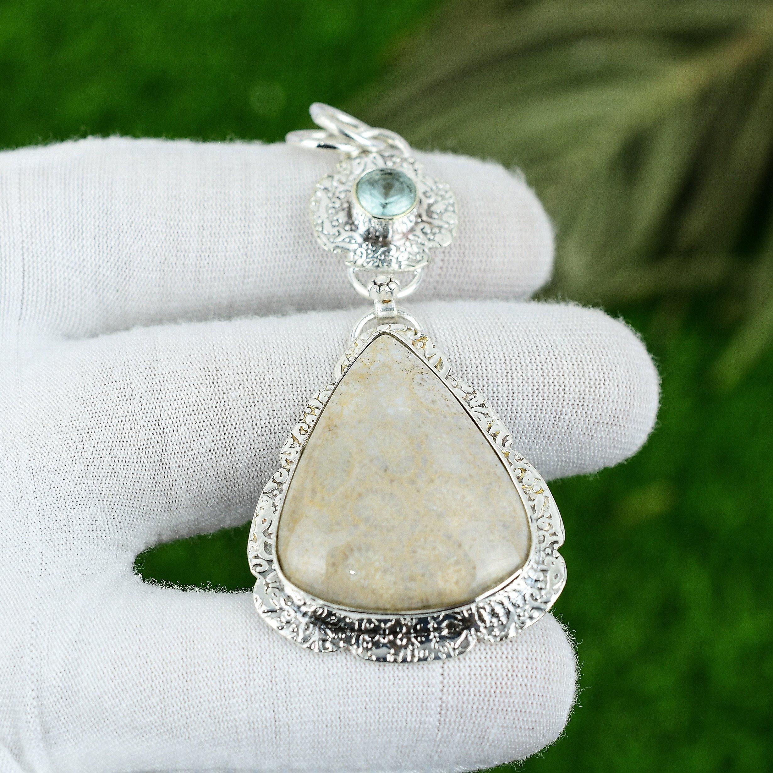 Натуральный Ископаемый Коралл Драгоценный Камень Подвеска 925 Стерлинговое Серебро Индийские Украшения