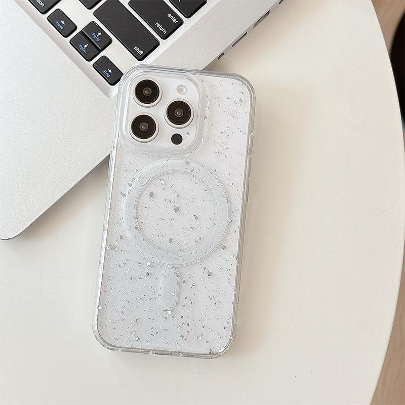 Applicable to Apple 16Promax transparent glitter star 17 sequin magnetic mobile phone case Iphone15 Epoxy soft case