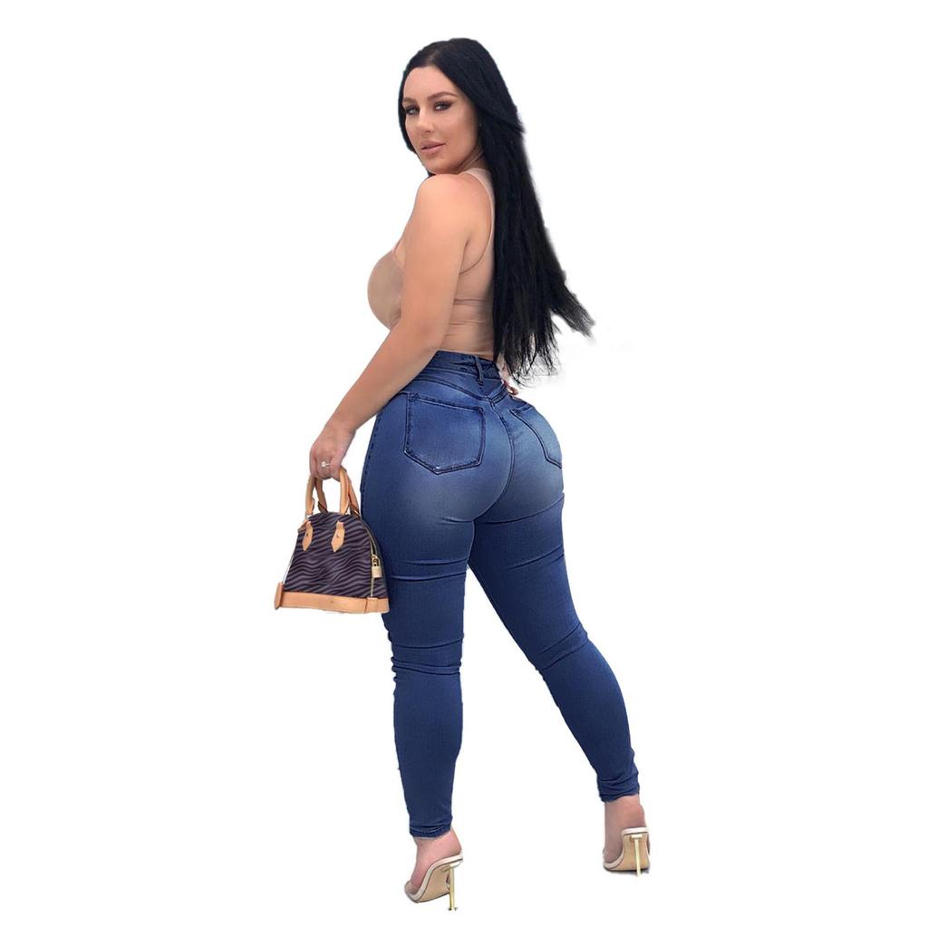 Fashion Women Solid Button High Waist Pocket Jeans Trousers Hole Denim Pants