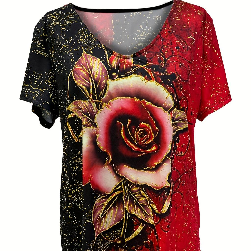Stylish Rose 3D Print V Neck T-shirt - Women's Casual Short Sleeve Medium Stretch T-Shirts