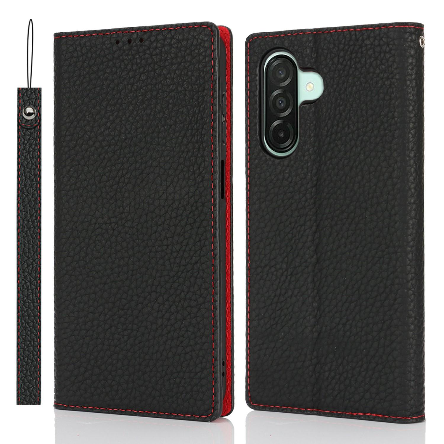 

For Samsung Galaxy A26 5G Edge Wallet Case Genuine Cow Leather Phone Cover Litchi Texture Black