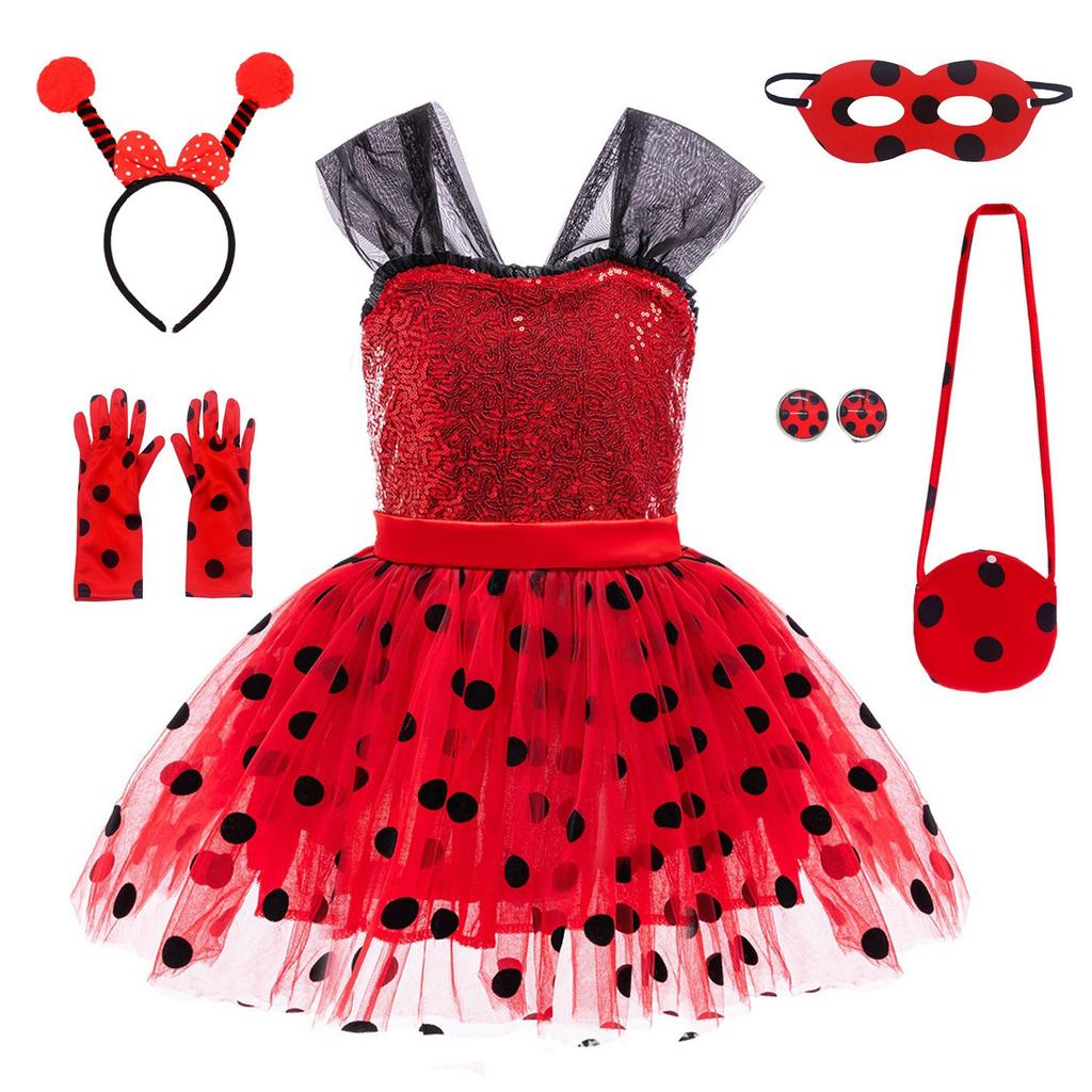 Teen Girls Ladybug Polka Dot Puffy Dress Cosplay Costume, Kids Stage Performance Outfit