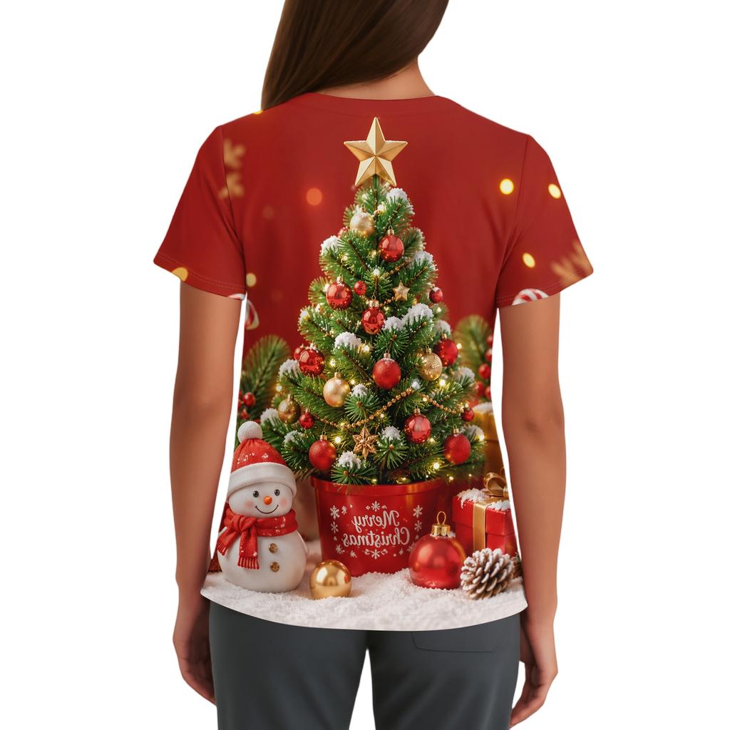 Women's V-Neck Scrub Top with Christmas Print Short Sleeve Pocket Side Slit Caregiver Uniform
