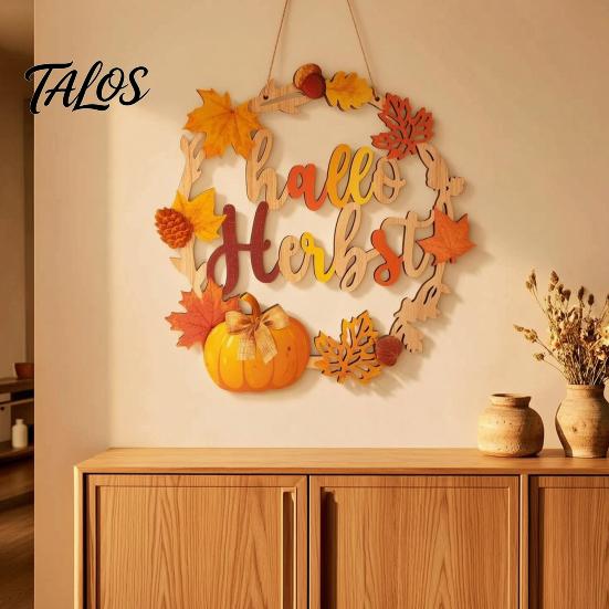 Country Style Porch Sign Autumn Harvest Wooden Wreath Pendant, Front Door Hanging Ornaments with Hemp Rope, Natural Wood Hello Plaque Pumpkins
