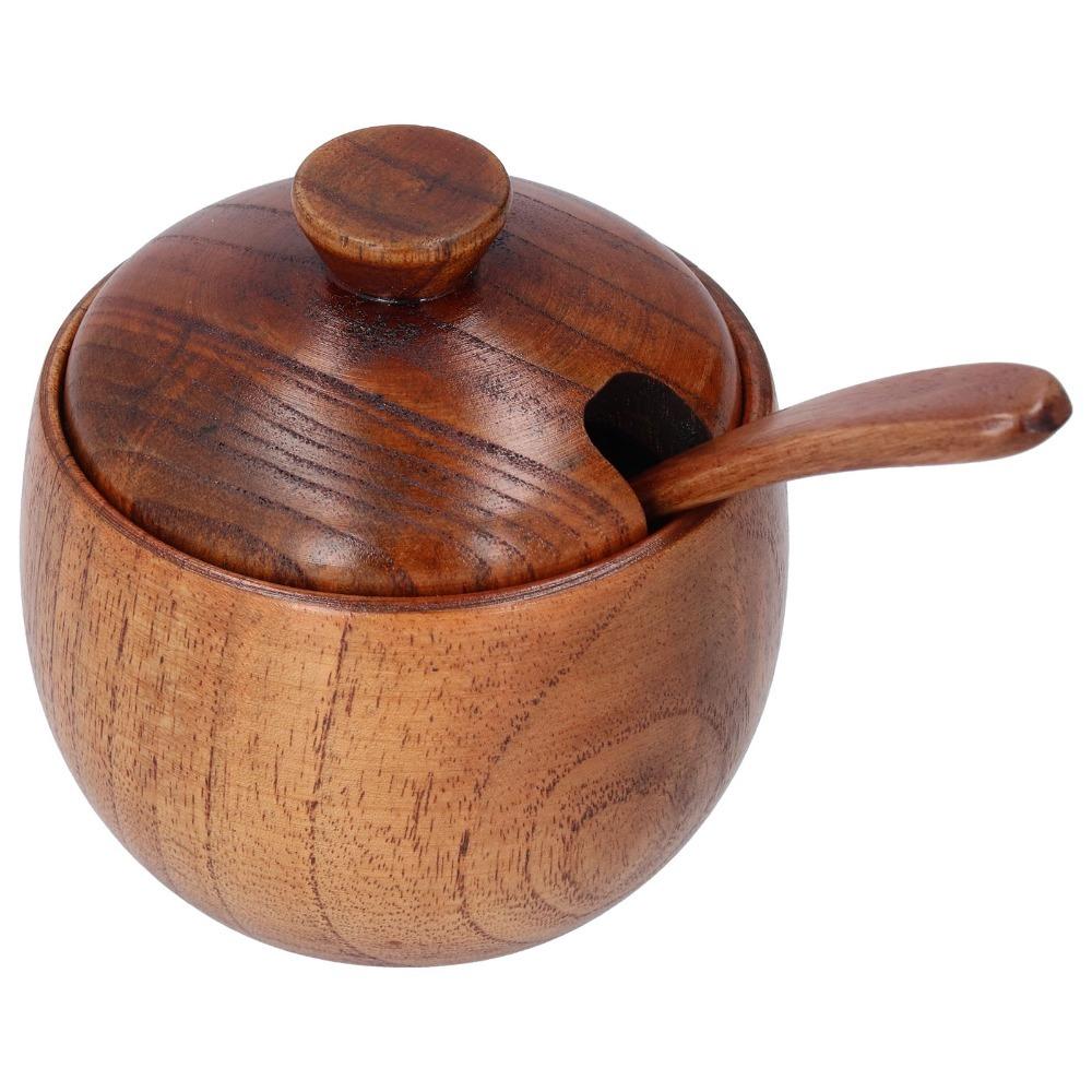 

Round Seasoning Jar Wooden Condiment Pot Kitchen Supplies Salt Box Home Kitchen