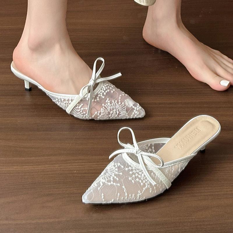 Fashion Bow Women Slippers Pointed Toe Fashion Mules Shoes Elegant Sexy Woman Sandals 2025 Summer Slingback Pumps Luxury Zapatos Mujer