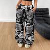 Women Street Hip Hop Style Printed Pocket Loose Casual Wide Leg Long Pants