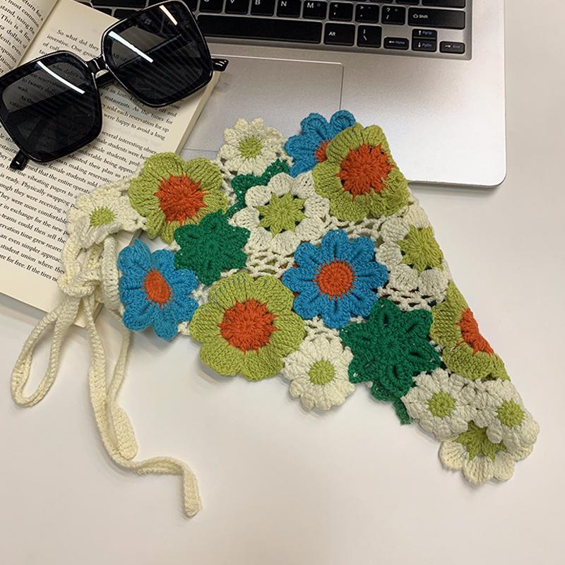 Spring and Autumn Sweet and Cute Wind Handmade Knitted Headband Female Personality Crochet Literary Style Triangle Scarf Headscarf