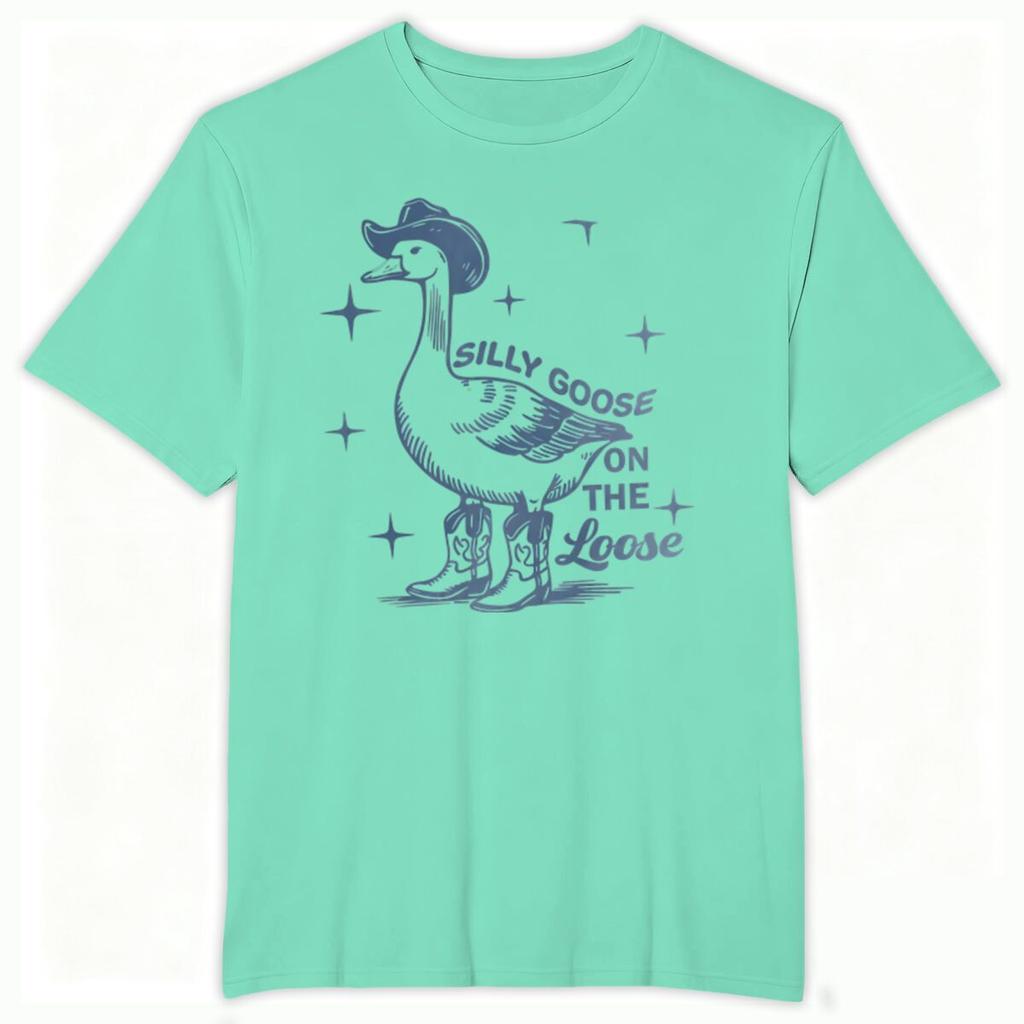 Funny Western Goose Printed Tshirt Silly Goose On The Loose Print Tshirt Crew Neck Animal Cowboy Goose Graphic T Shirt