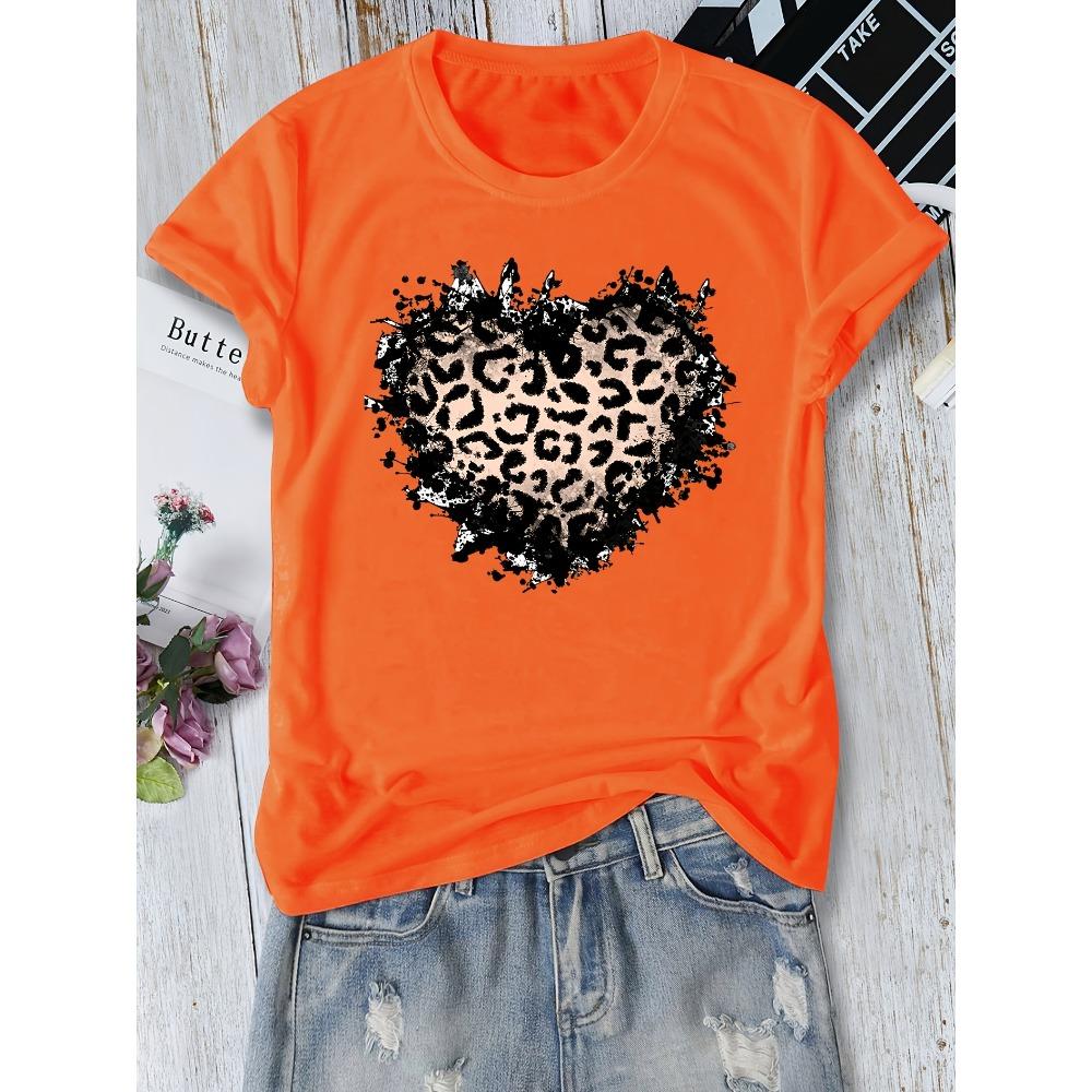 Damen Baumwolle Kurzarm T-Shirts Leopardenmuster Herz Damen Tee Ausgefallenes Grafik Casual Trendiges Top