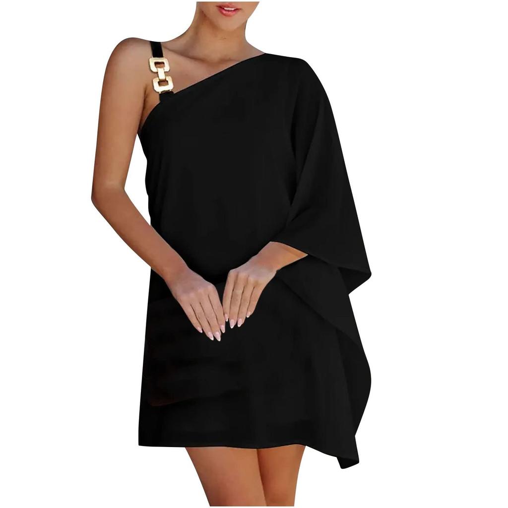 Women's Sexy Off-the-Shoulder One Strap Sloping Shoulder Solid Color Midi Dress