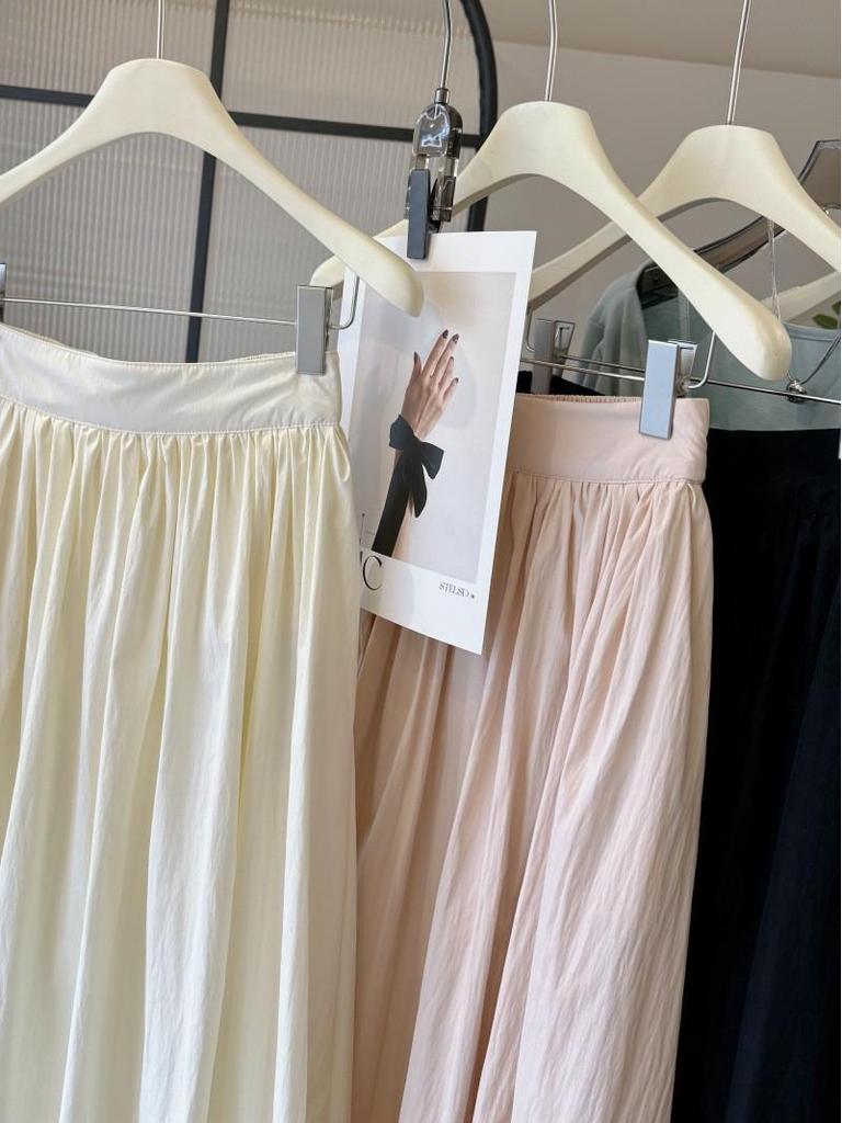 2026 New Women's Pleated Elastic Waist A-line Midi Skirt - High Waist, Slimming, Textured Design for Spring/Summer