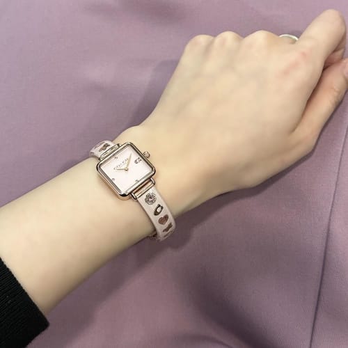 Coach Women's Square Watch with Shopper Bag, Cassette Design, Leather Strap (Pink)