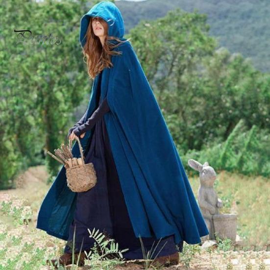 Winter Women Jacket with Hood Medieval Retro Cape Gothic Keep Warm Shawl Ankle Length Loose Cloak Thick Single-Button Closure Outdoor Poncho Pirate