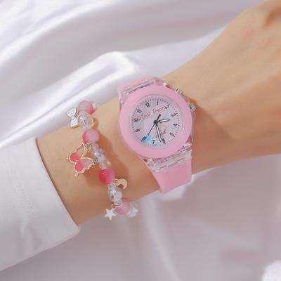 Keine Geschenkbox Macaron Uhr; 7-farbige leuchtende Silikon-Quarzuhr Perlenarmband 2-teiliges Set