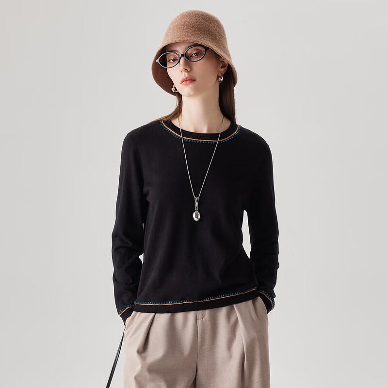 Zhaojun Women's Fine Wool Contrast Stitch Round Neck Sweater