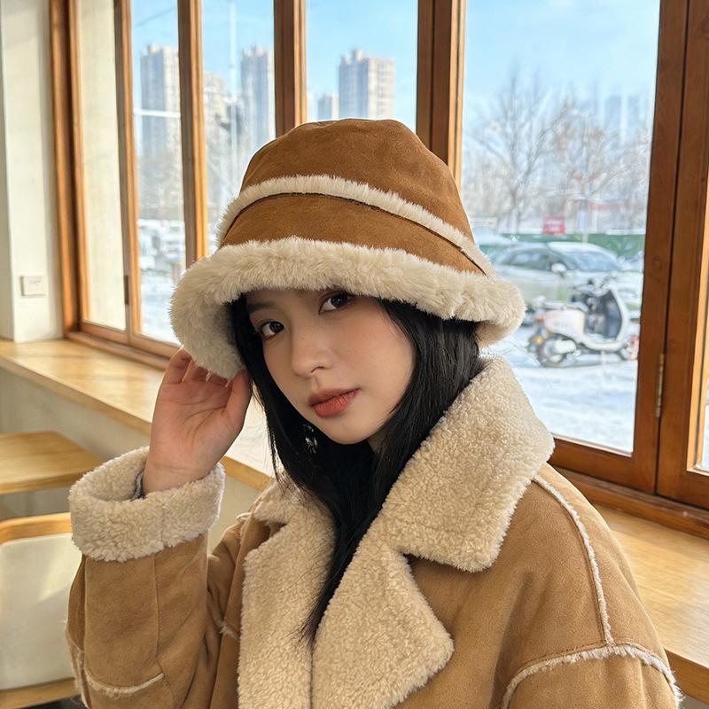 Warm bucket hat thick fur integrated temperament versatile show washbasin hat
