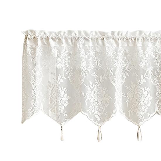 Spitzen-Fenstervorhang, Weißer Spitzen-Schiebegardine mit Quasten und Stangentasche, Vintage Lichtfilternder Fenstervorhang für das Wohnzimmer